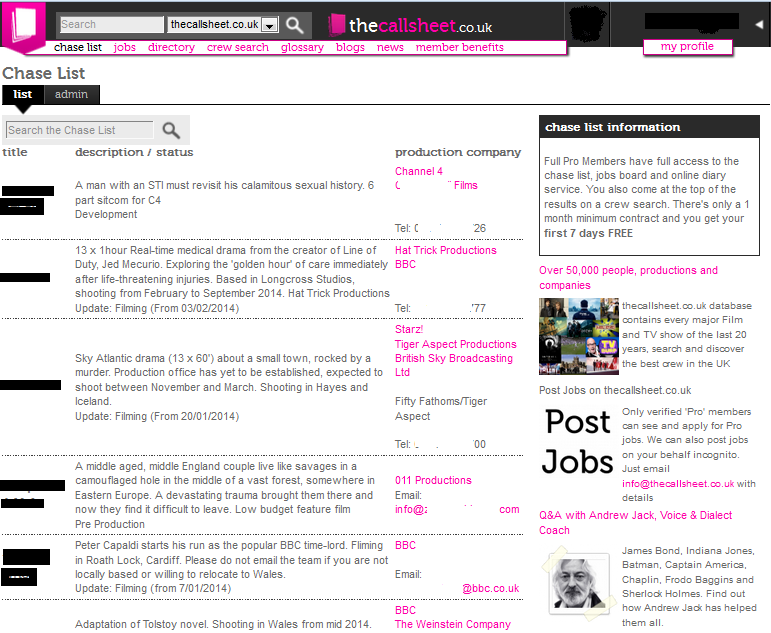 Guide to thecallsheet Chase List thecallsheet.co.uk